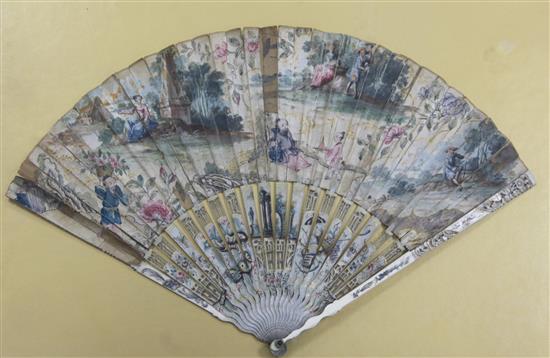 A chinoiserie painted ivory and paper leaf fan, mid 18th century, 47.5cm, repairs and faults